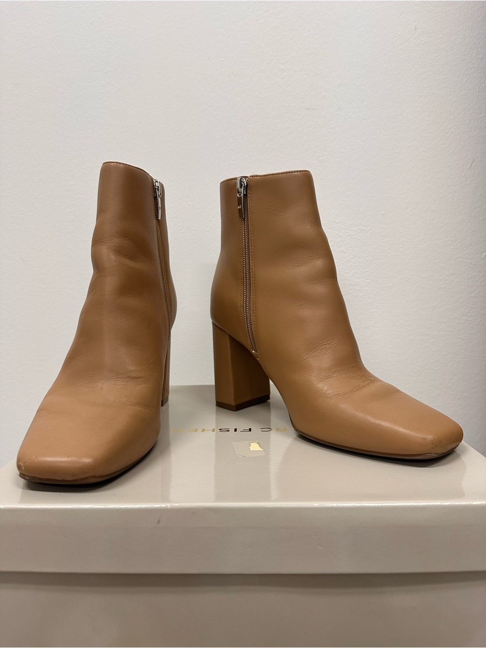 Marc Fisher Tan Leather Block Heel Zip Ankle Boots